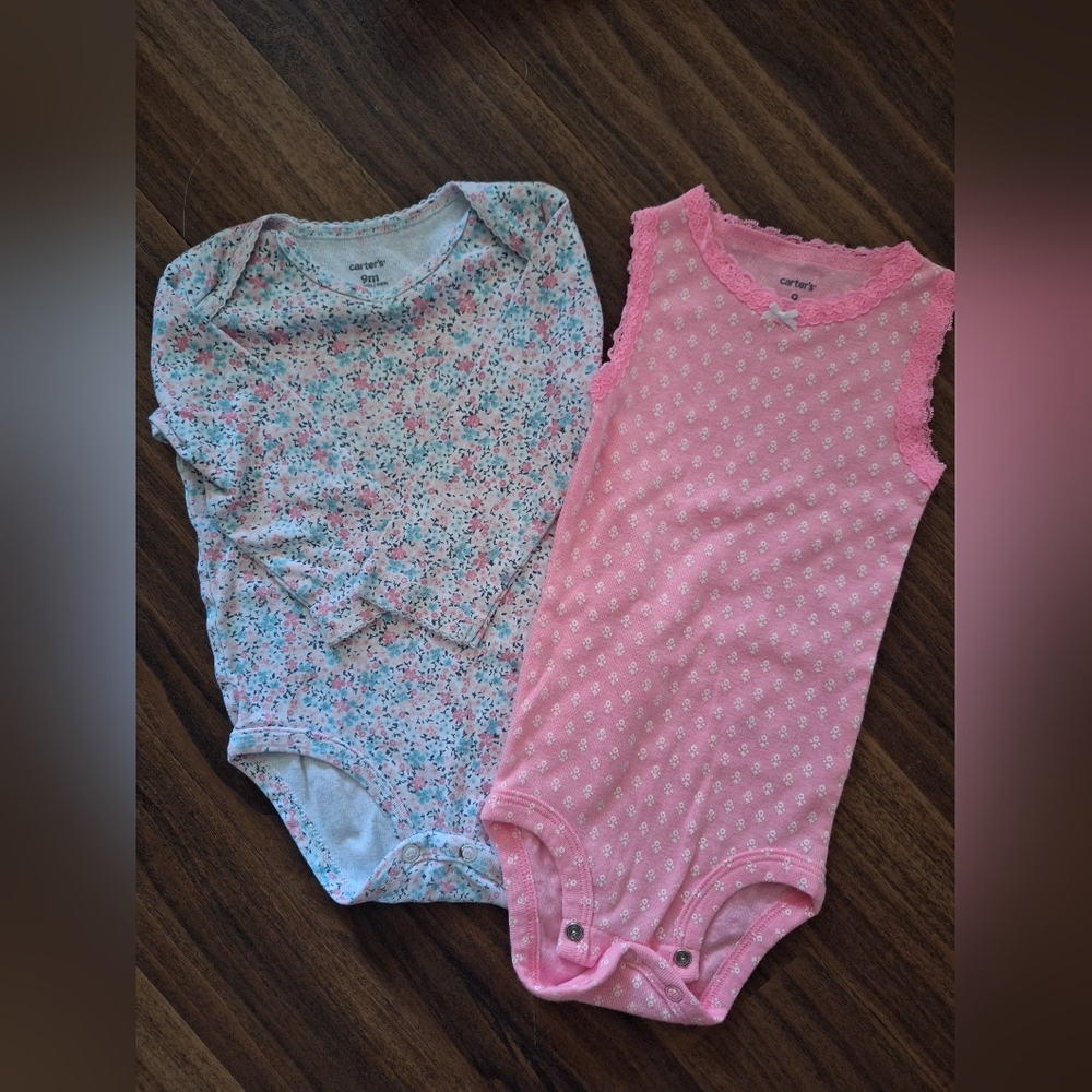 5/$20 Carter's Floral Long Sleeve And Pink Tank Top Baby Bodysuit Set 9M
